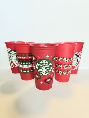 Five Starbucks Red Holiday Reusable Cups